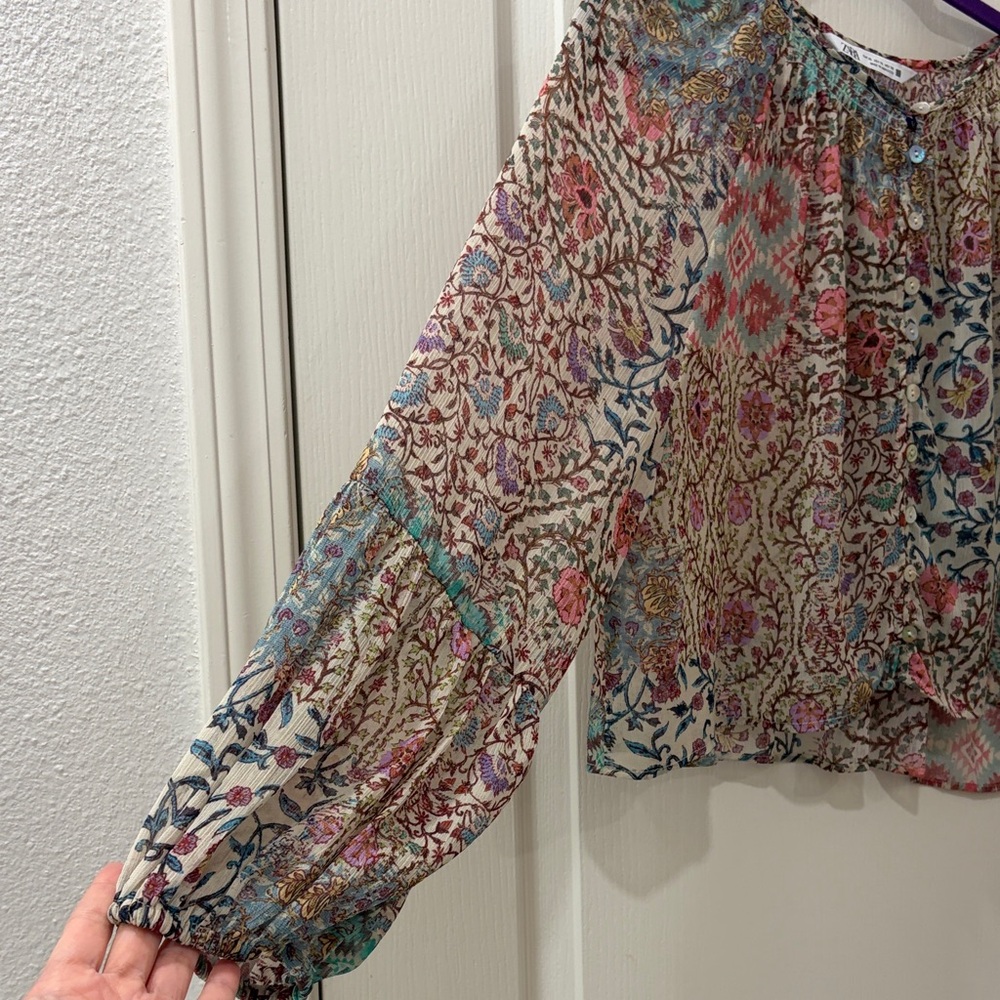 Zara Multicolor Floral Patchwork Button-Front Blo… - image 4